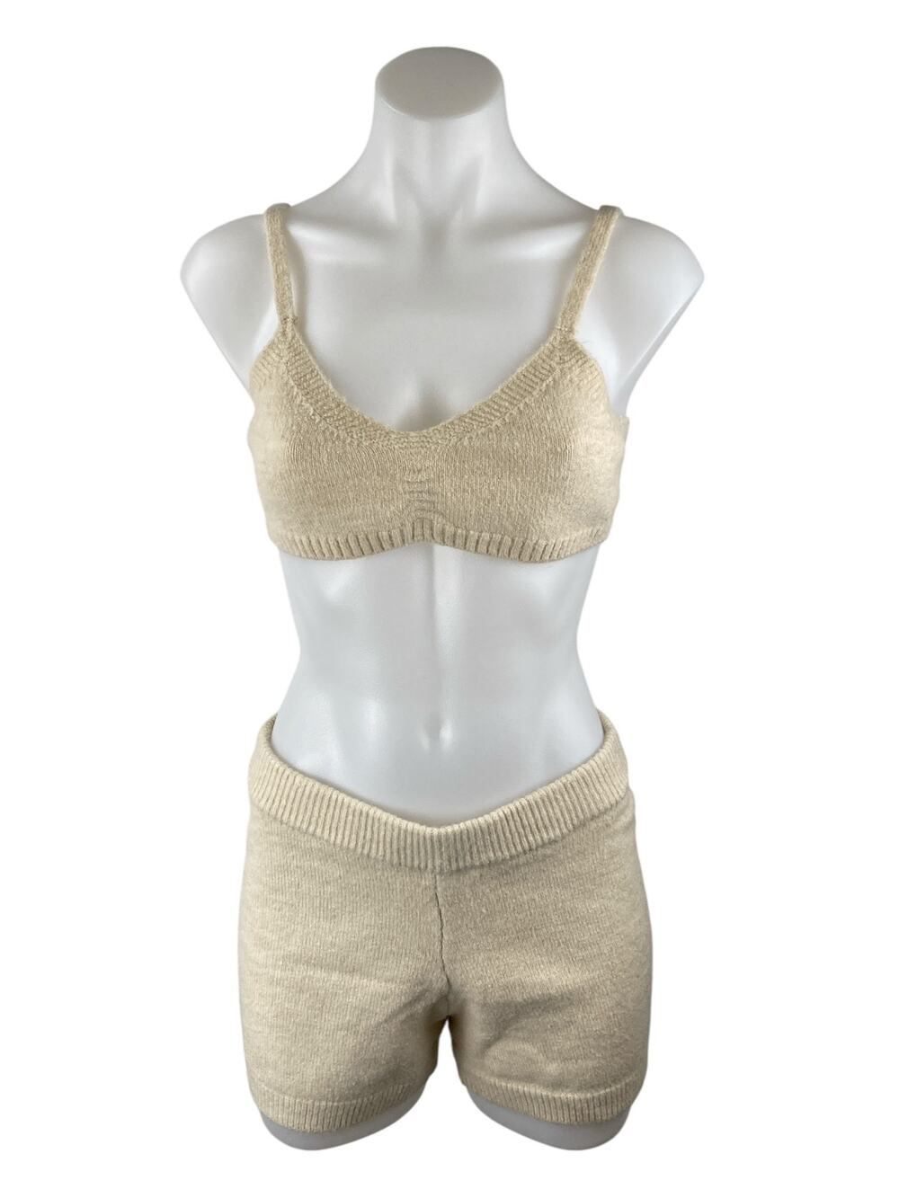 Princess Polly Beige Cream Knit Sleeveless Brami Crop Top Shorts 2 Pc Set Size S